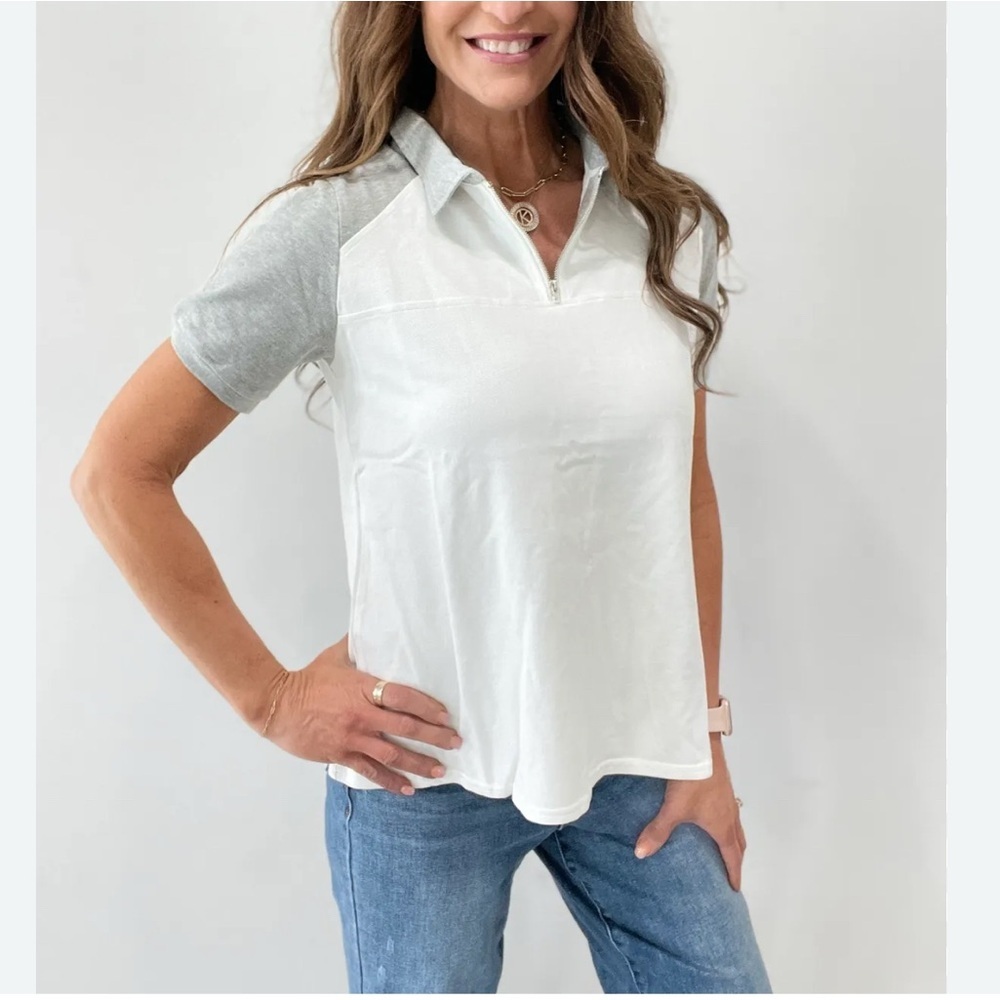 Pol Afternoon Fun Front Zip Raglan Short Sleeve Top Size Large